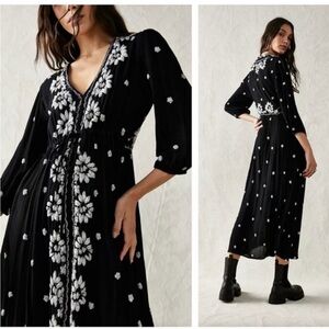 Free People Fable Embroidered Maxi Floral Woven Gauze Maxi Dress Boho Black XS